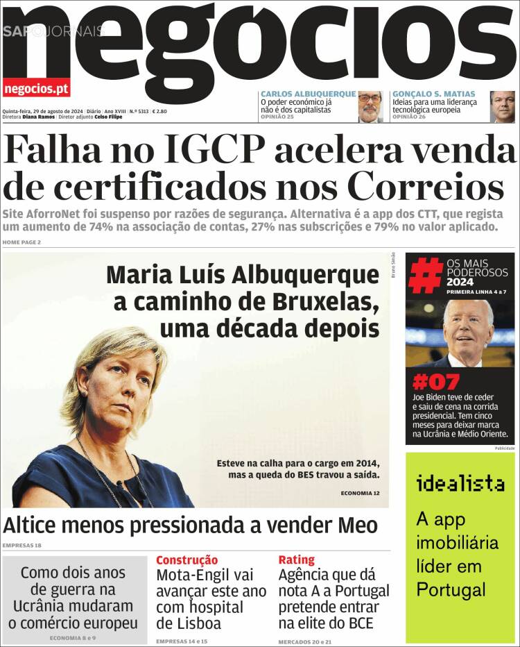 Portada de Jornal de Negócios (Portugal)