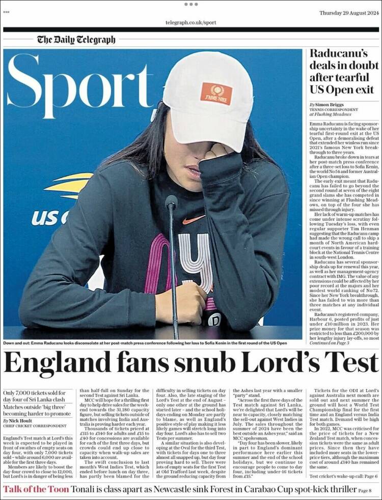 Portada de Telegraph Sport (Reino Unido)