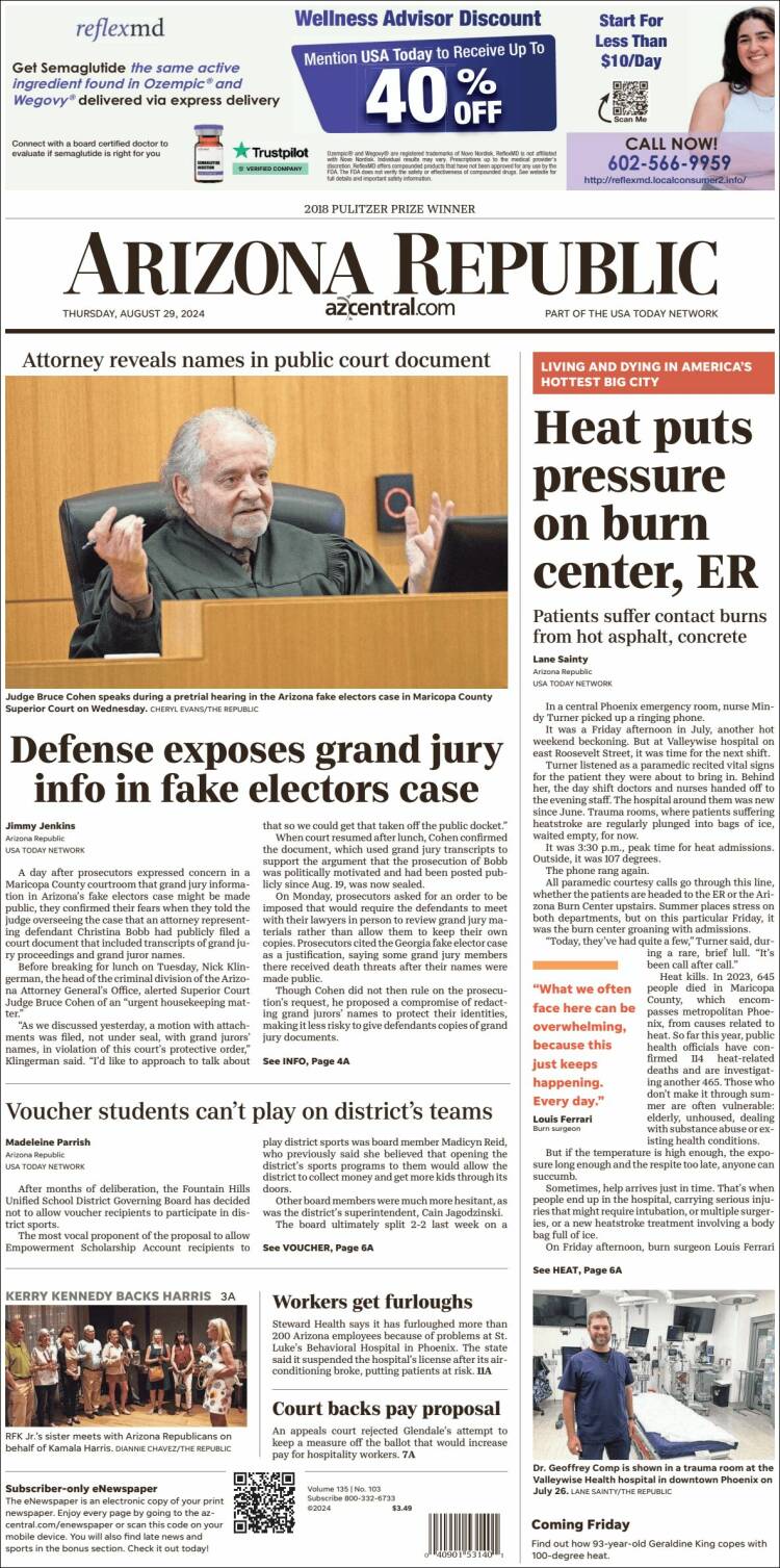 Portada de Arizona Republic News (USA)