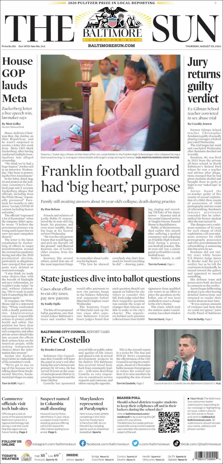 Portada de The Baltimore Sun (USA)