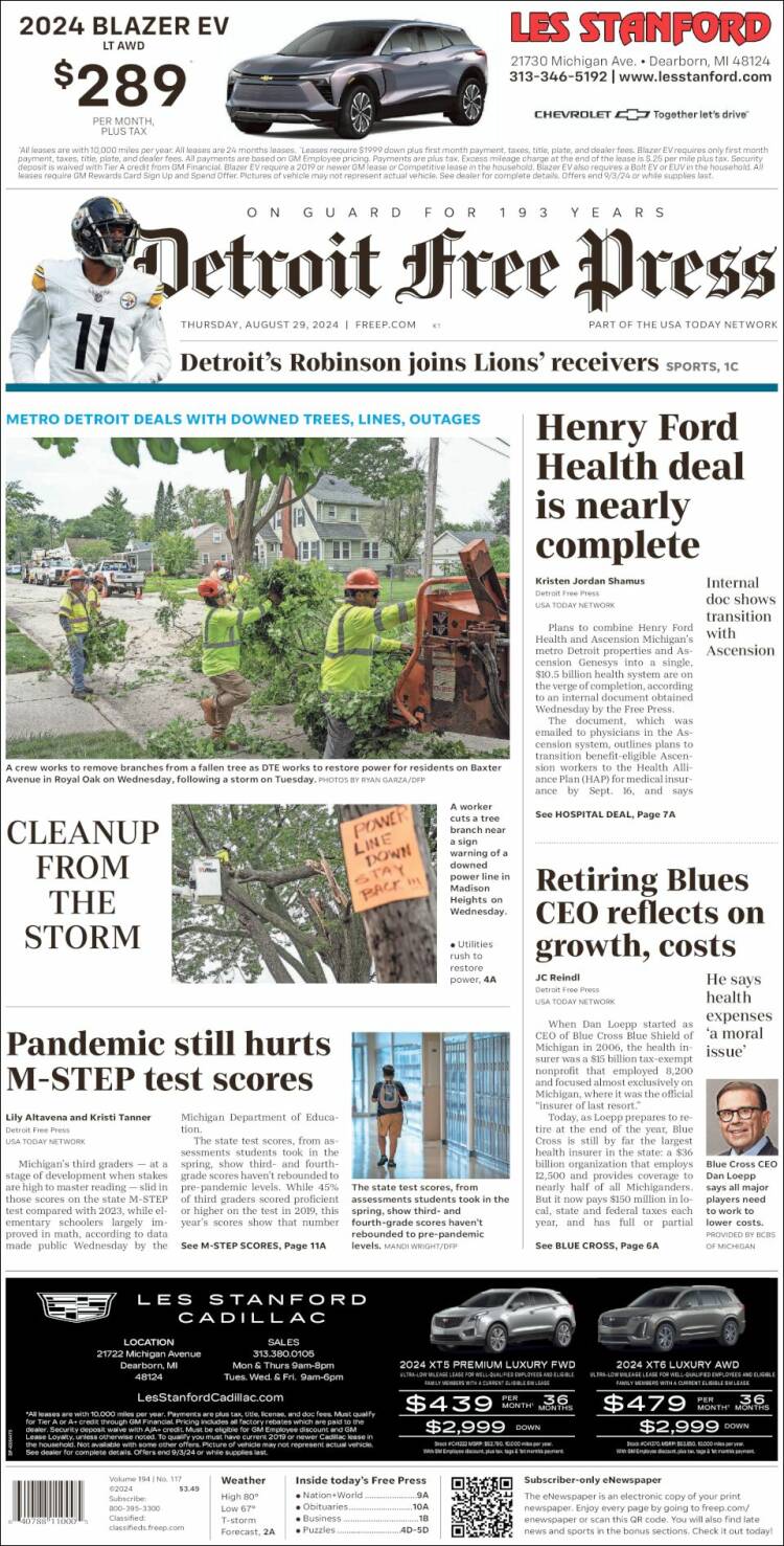 Portada de Detroit Free Press (USA)