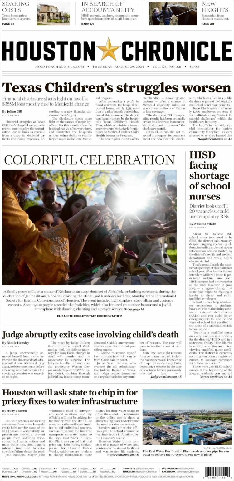 Portada de Houston Chronicle (USA)