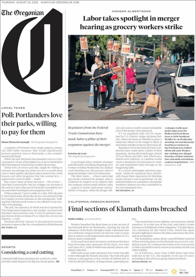 Portada de The Oregonian (USA)