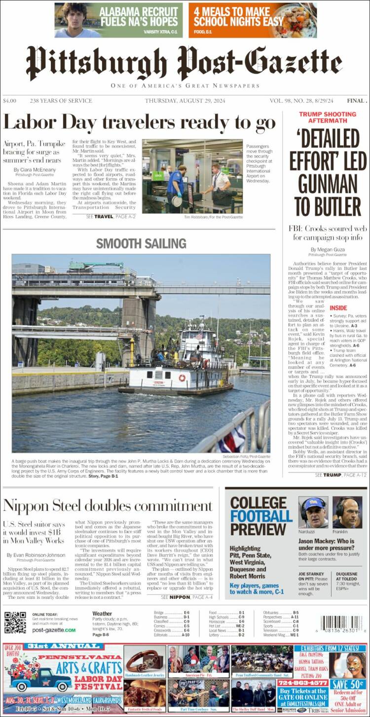 Portada de Pittsburgh Post-Gazette (USA)