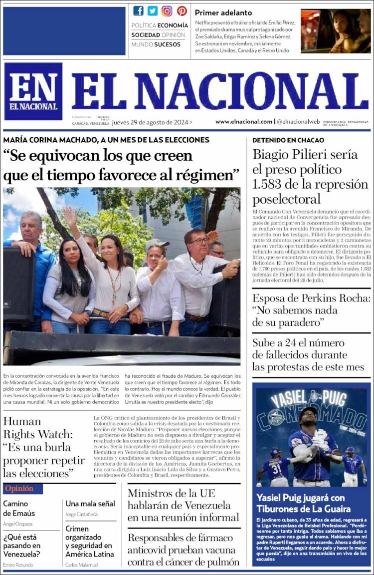 Portada de El Nacional (Venezuela)