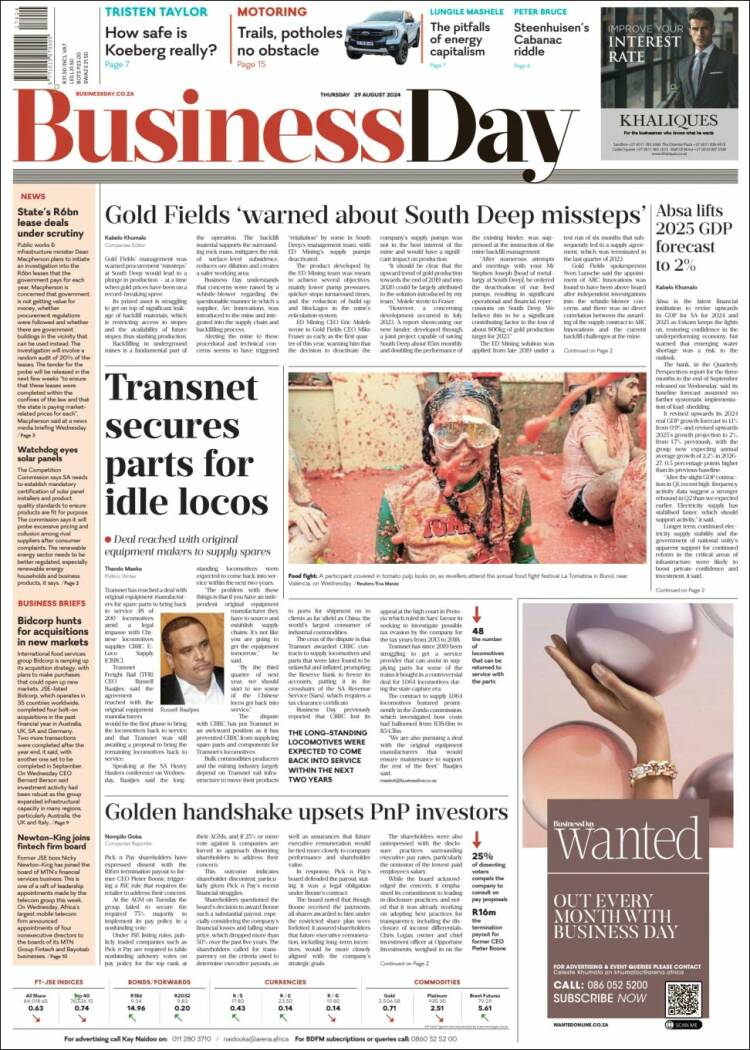 Portada de Business Day (Sud&aacute;frica)