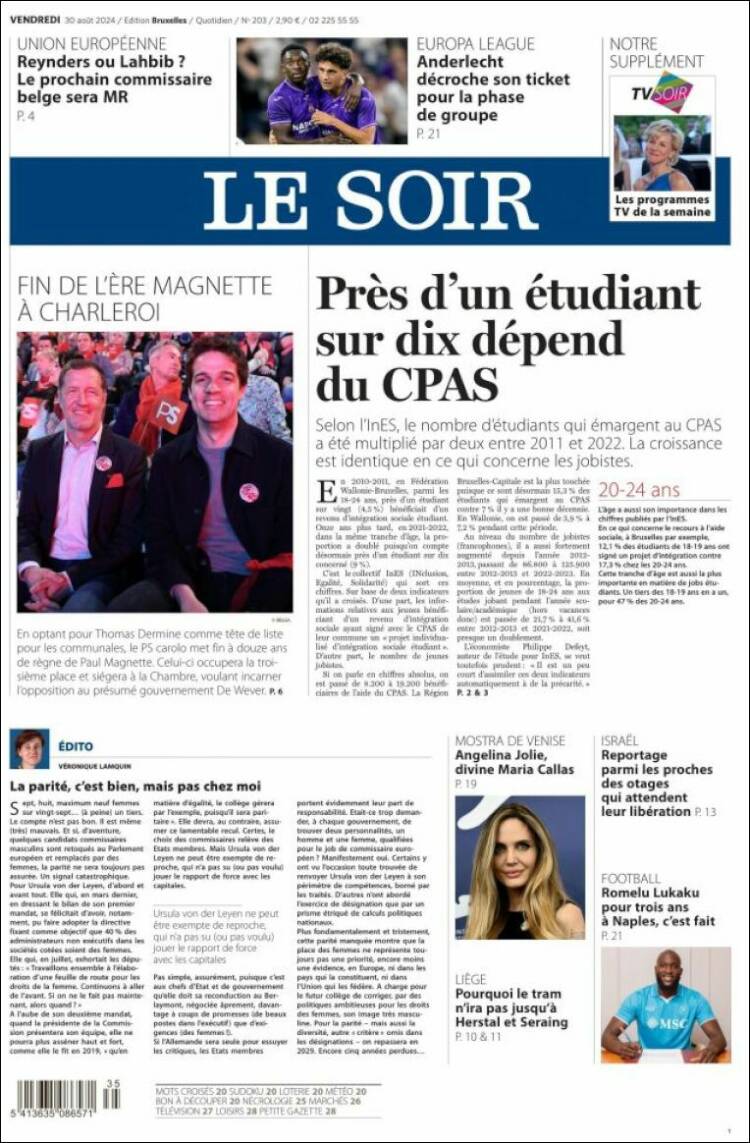 Portada de Le Soir (B&eacute;lgica)
