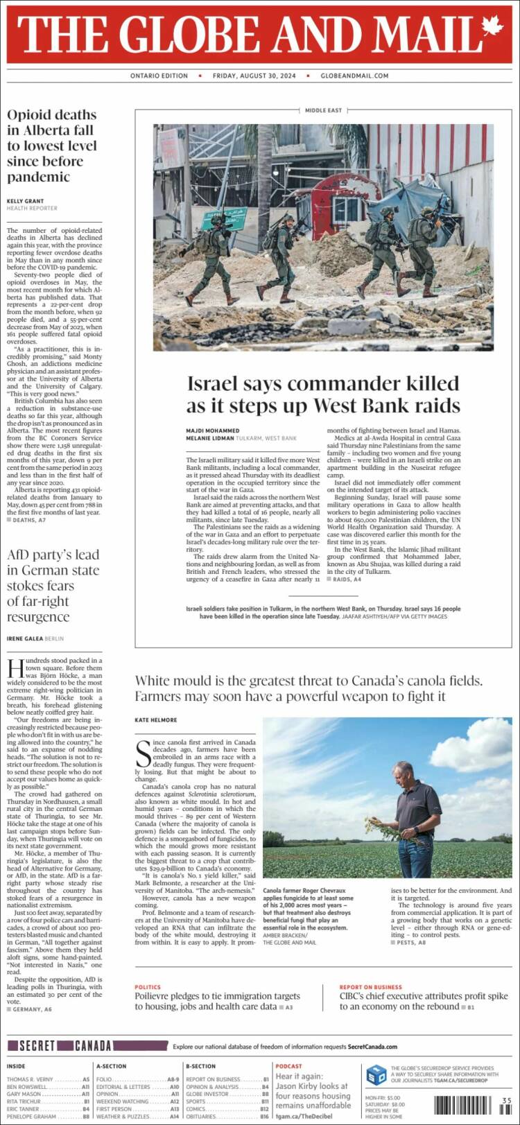 Portada de The Globe and Mail (Canadá)