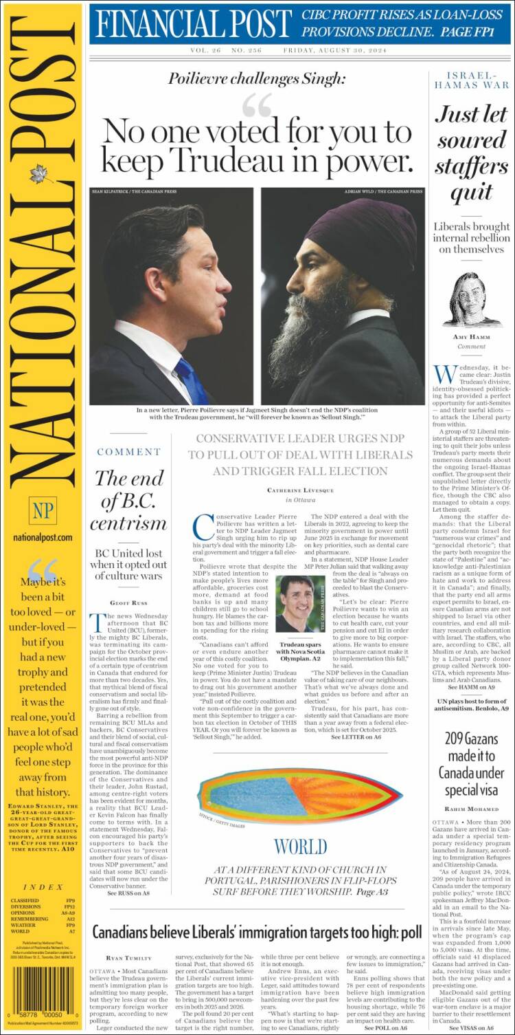 Portada de The National Post (Canadá)