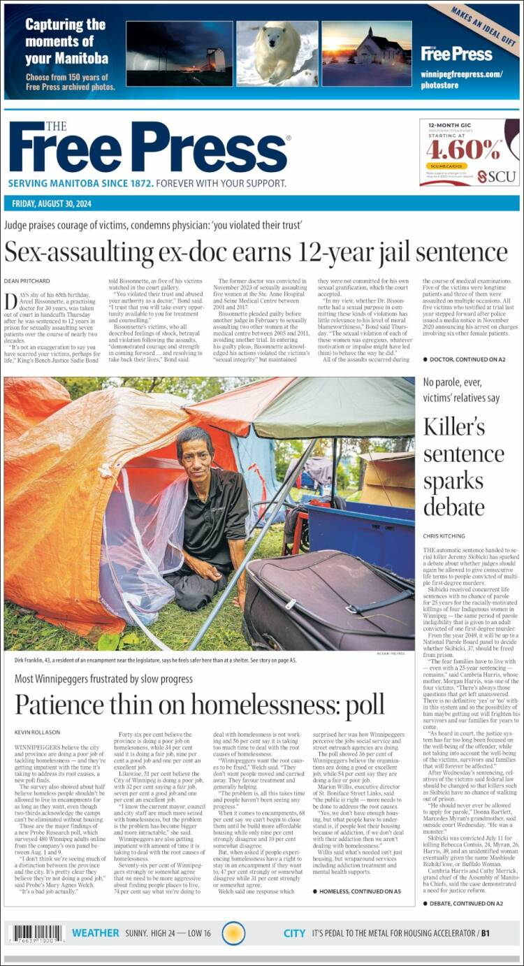 Portada de Winnipeg Free Press (Canadá)