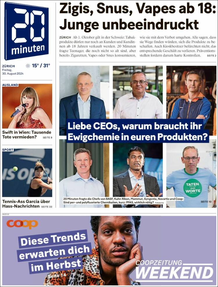 Portada de 20Minuten - Zürich (Suiza)