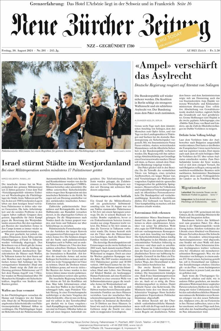 Portada de Neue Zürcher Zeitung (Suiza)