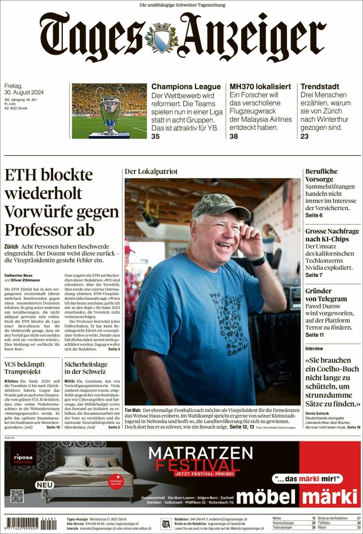 Portada de Tages-Anzeiger (Suiza)