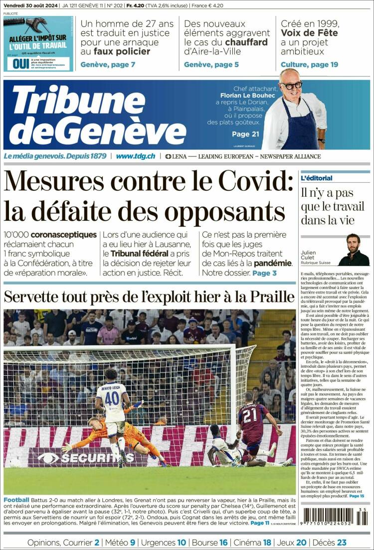 Portada de La Tribune de Genève (Suiza)