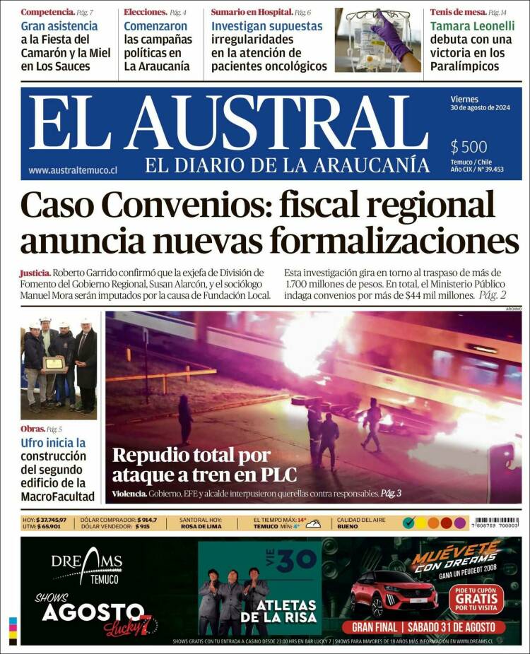 Portada de El Austral de Temuco (Chile)