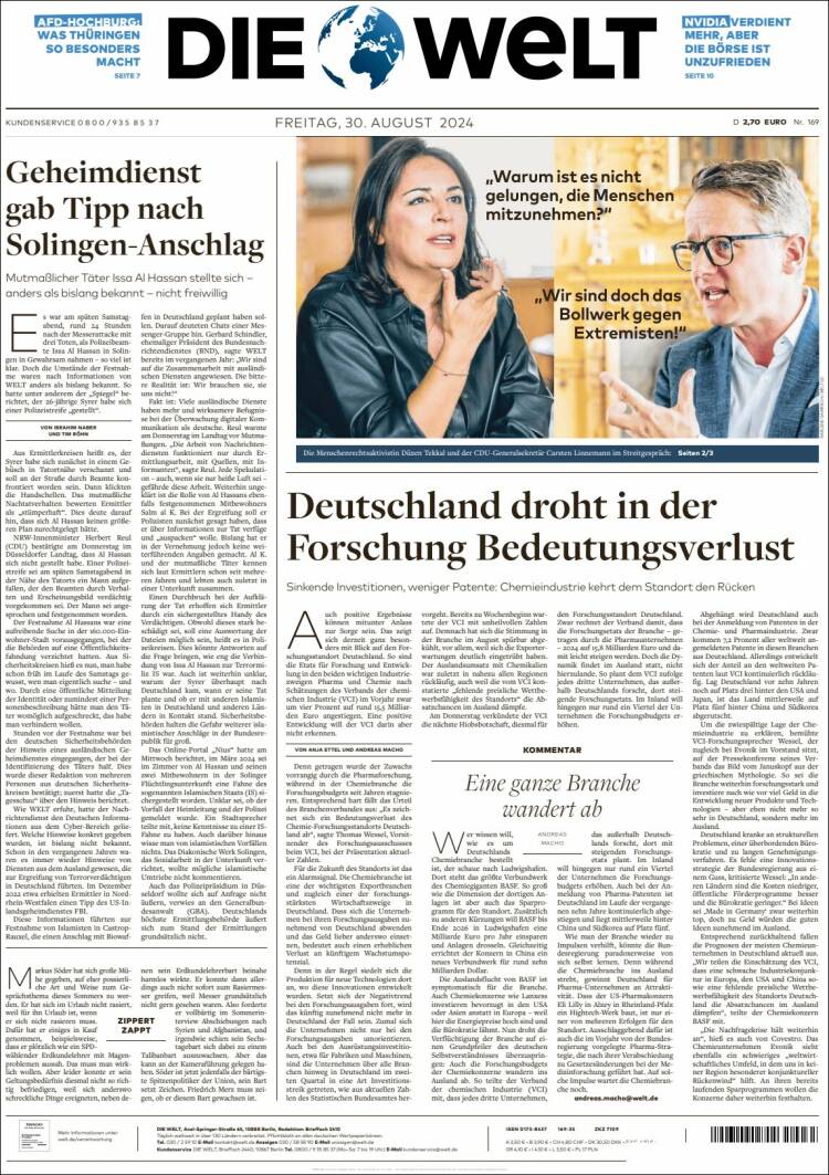 Portada de Die Welt (Alemania)