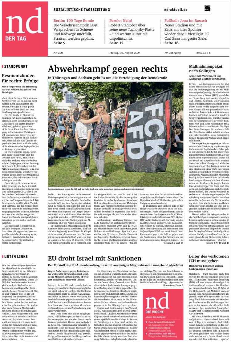 Portada de Neues Deutschland (Alemania)