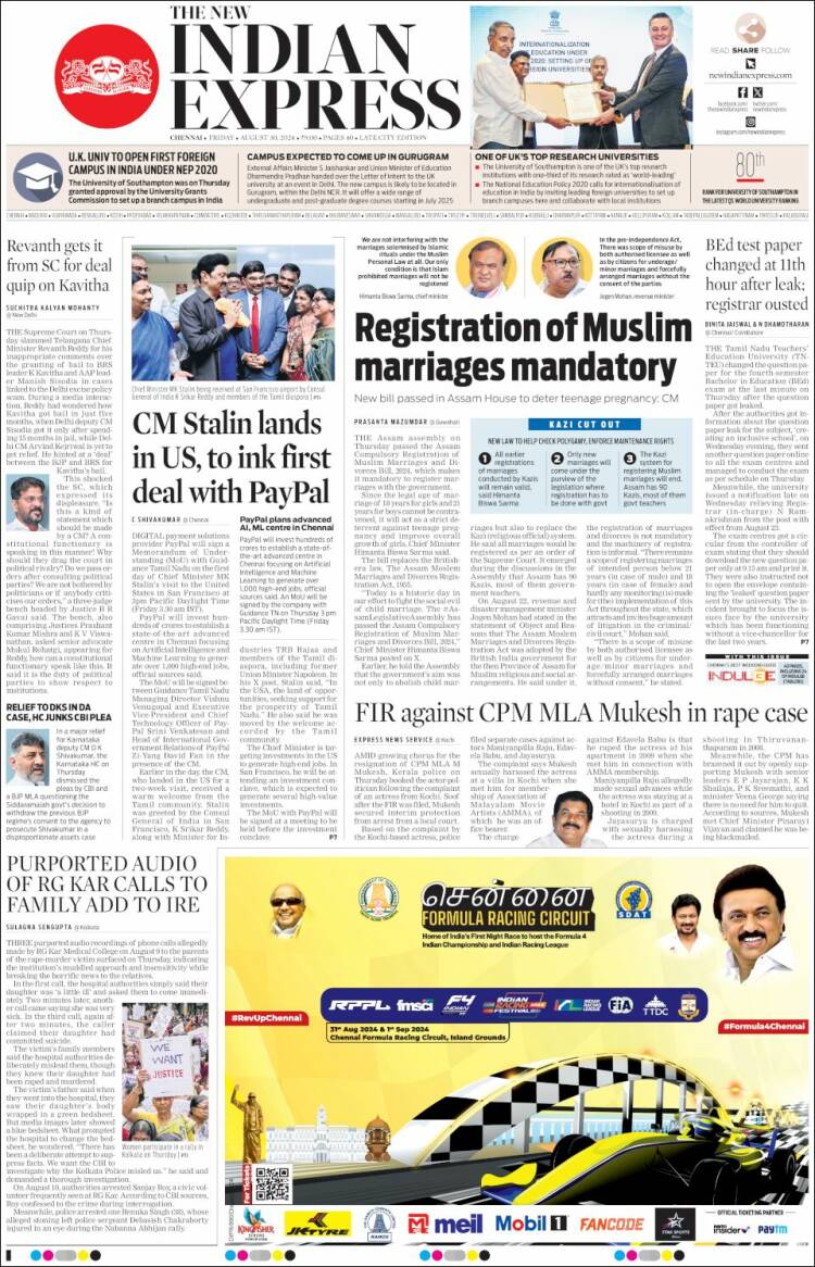 Portada de New Indian Express (India)