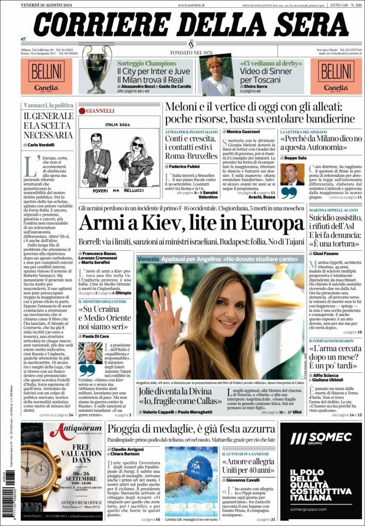 Portada de Corriere della Sera (Italia)