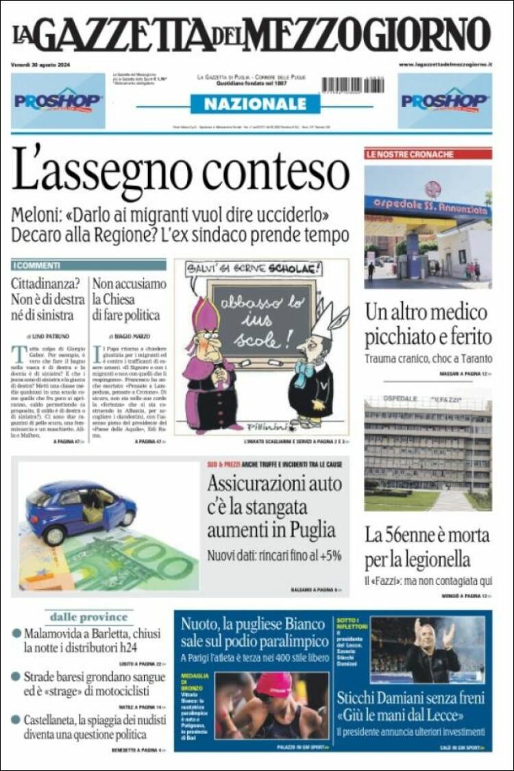 Portada de La Gazzetta del Mezzogiorno (Italia)