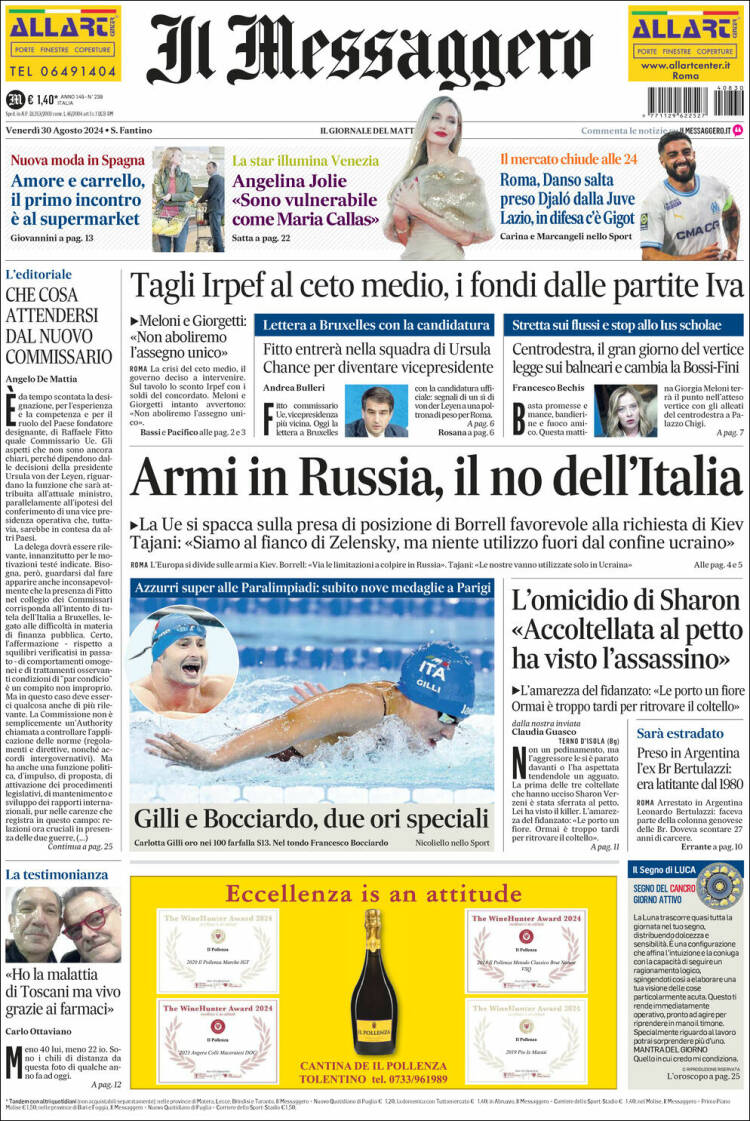 Portada de Il Messaggero (Italia)