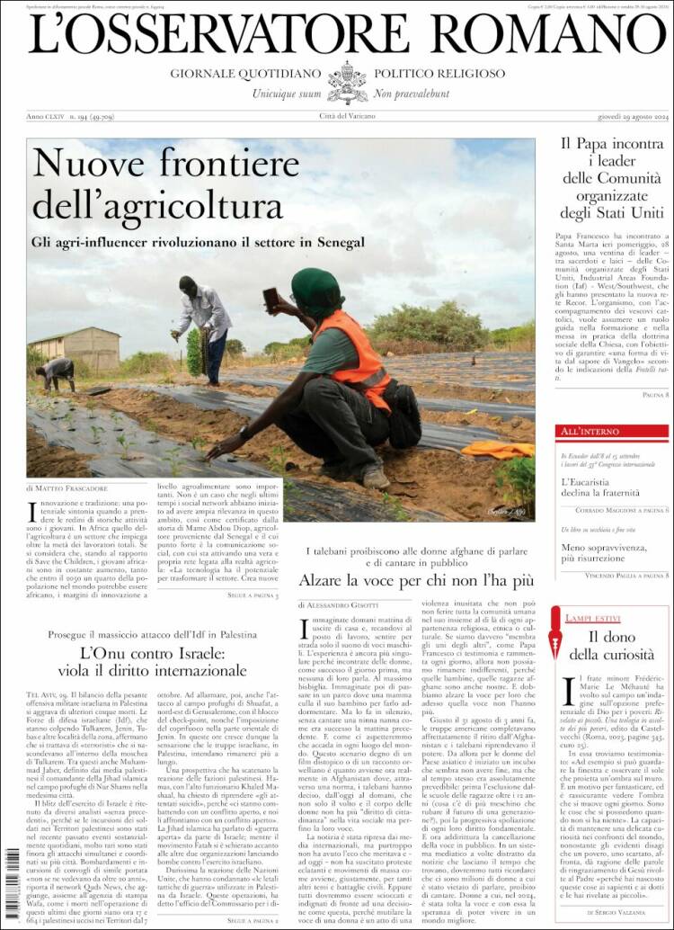 Portada de L'Osservatore Romano (Italia)