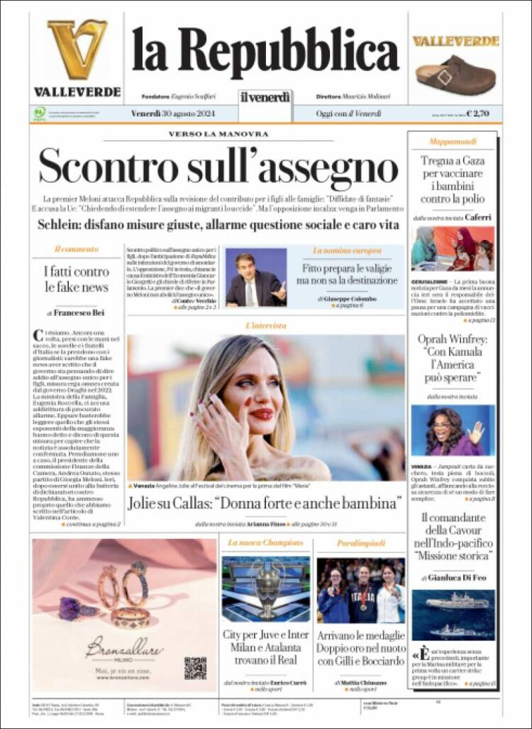 Portada de La Repubblica (Italia)