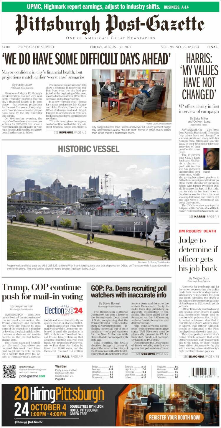 Portada de Pittsburgh Post-Gazette (USA)