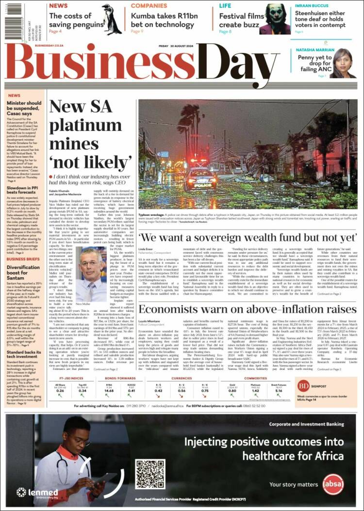 Portada de Business Day (Sud&aacute;frica)