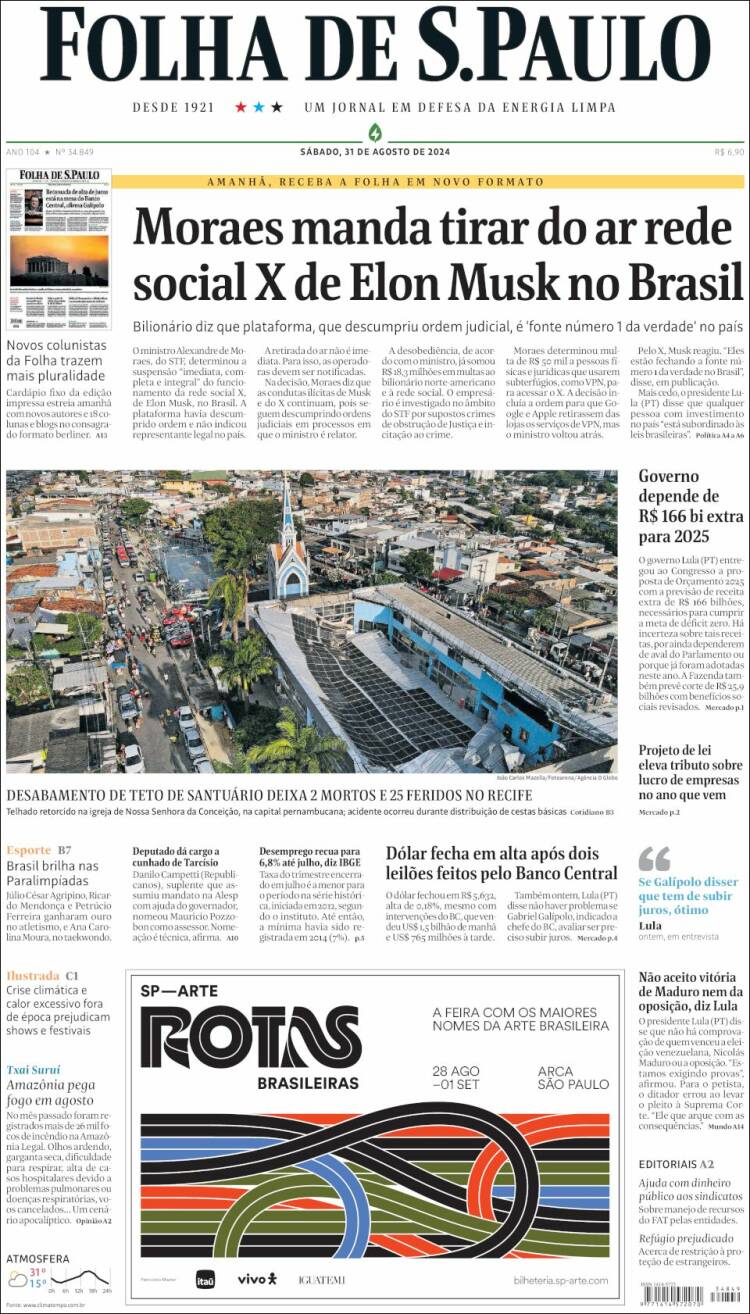 Portada de Folha de São Paulo (Brasil)
