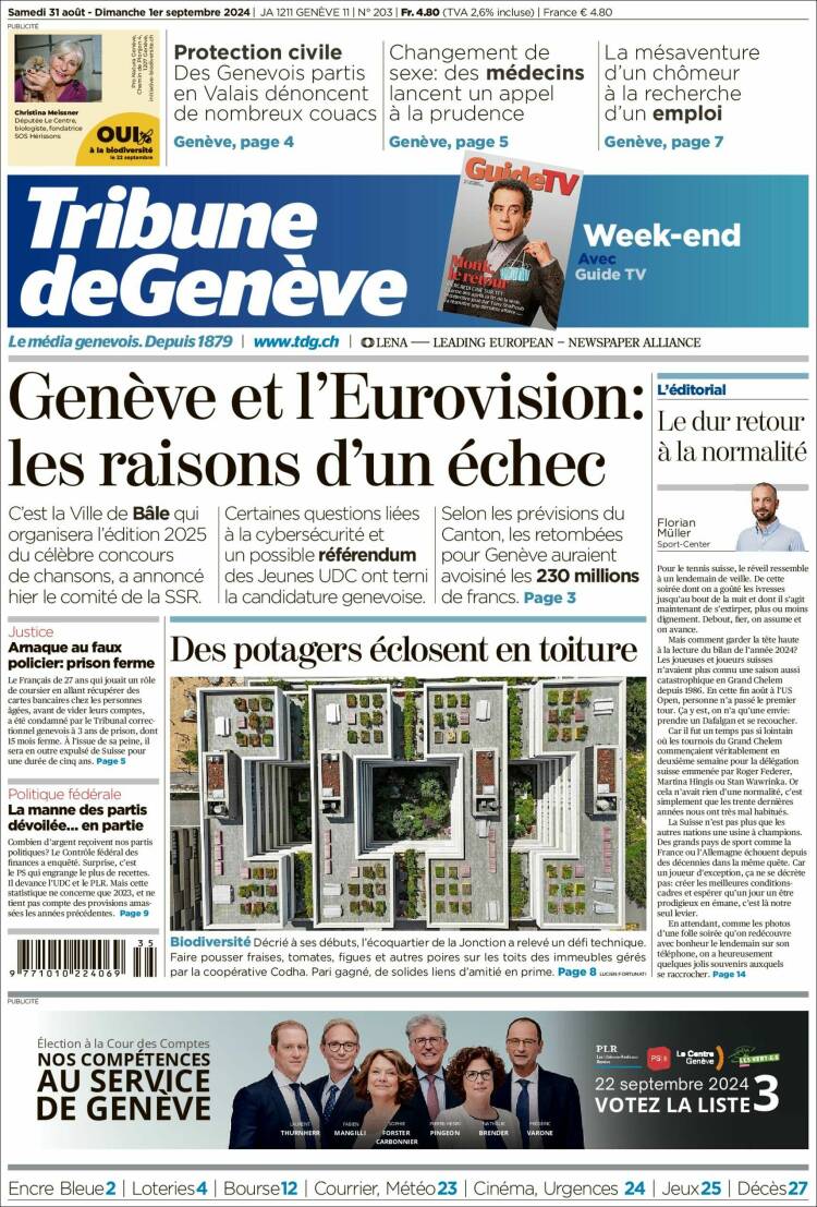 Portada de La Tribune de Genève (Suiza)
