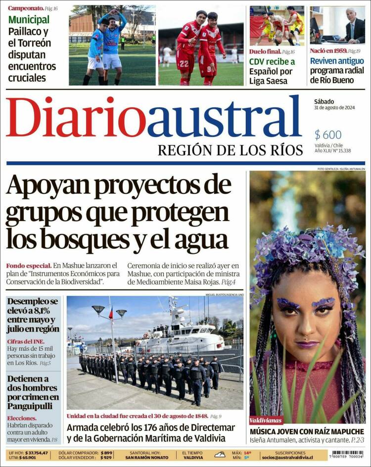 Portada de El Diario Austral de Valdivia (Chile)