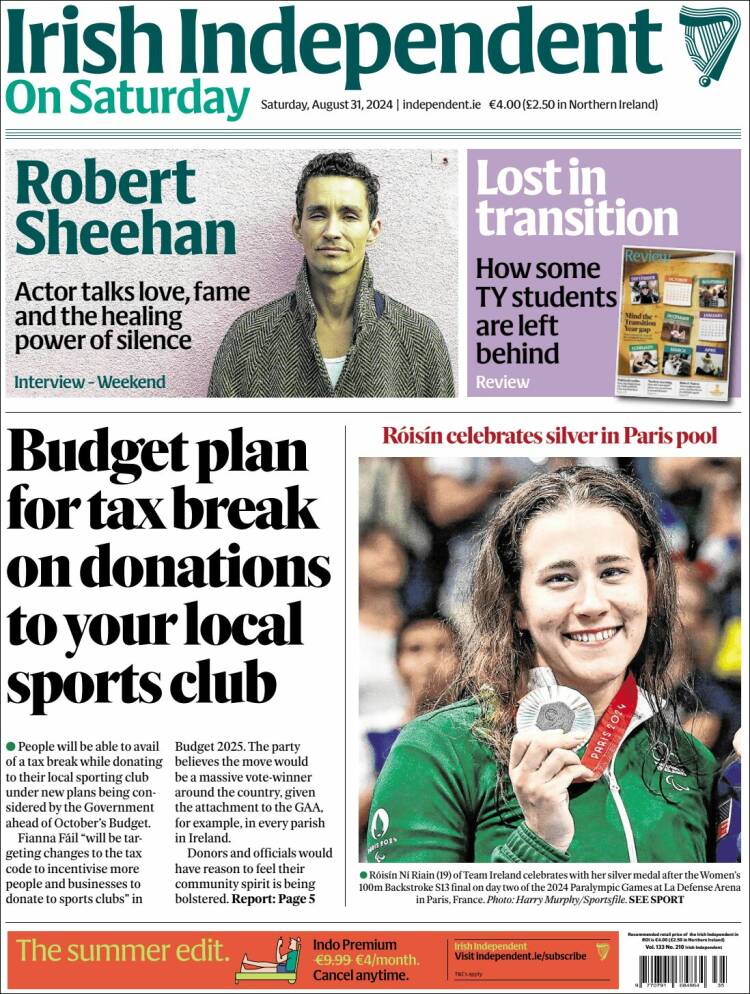 Portada de Irish Independent (Irlanda)