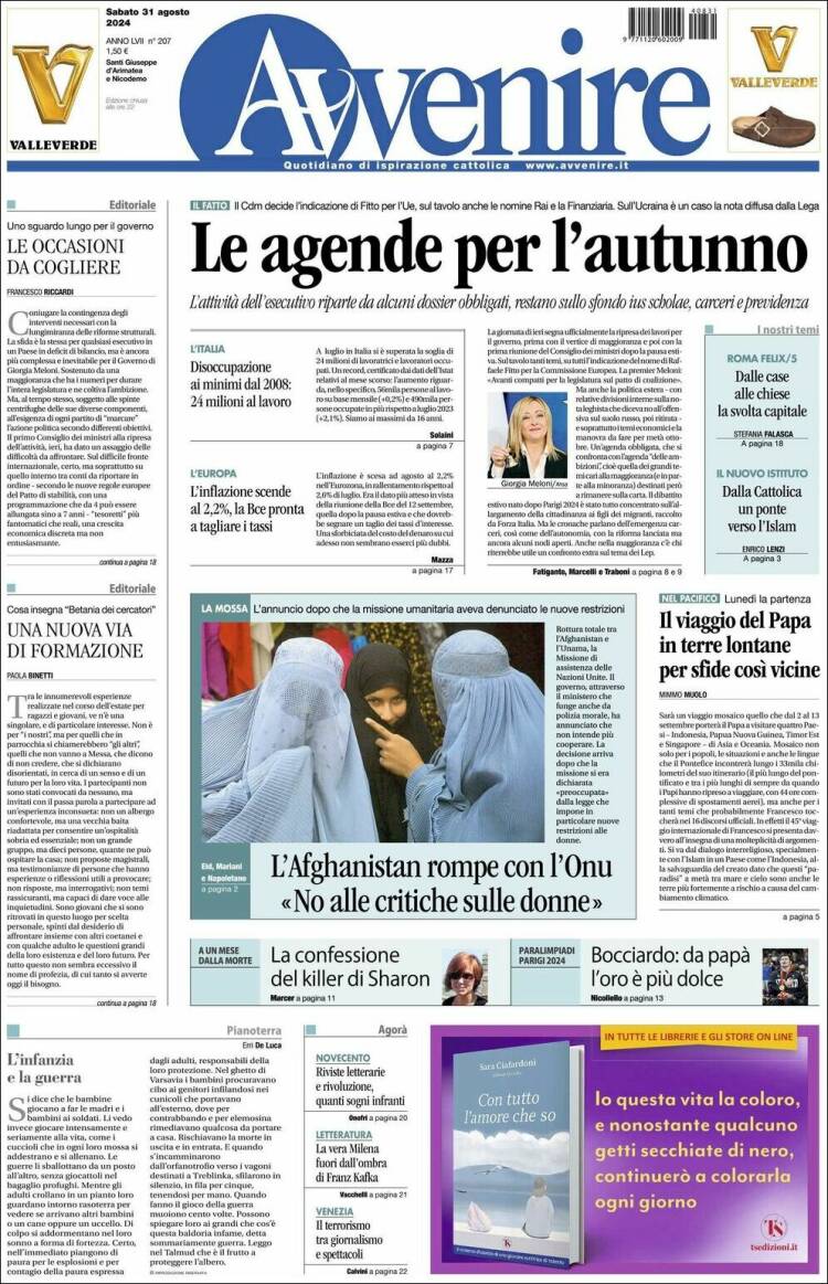 Portada de Avvenire (Italia)