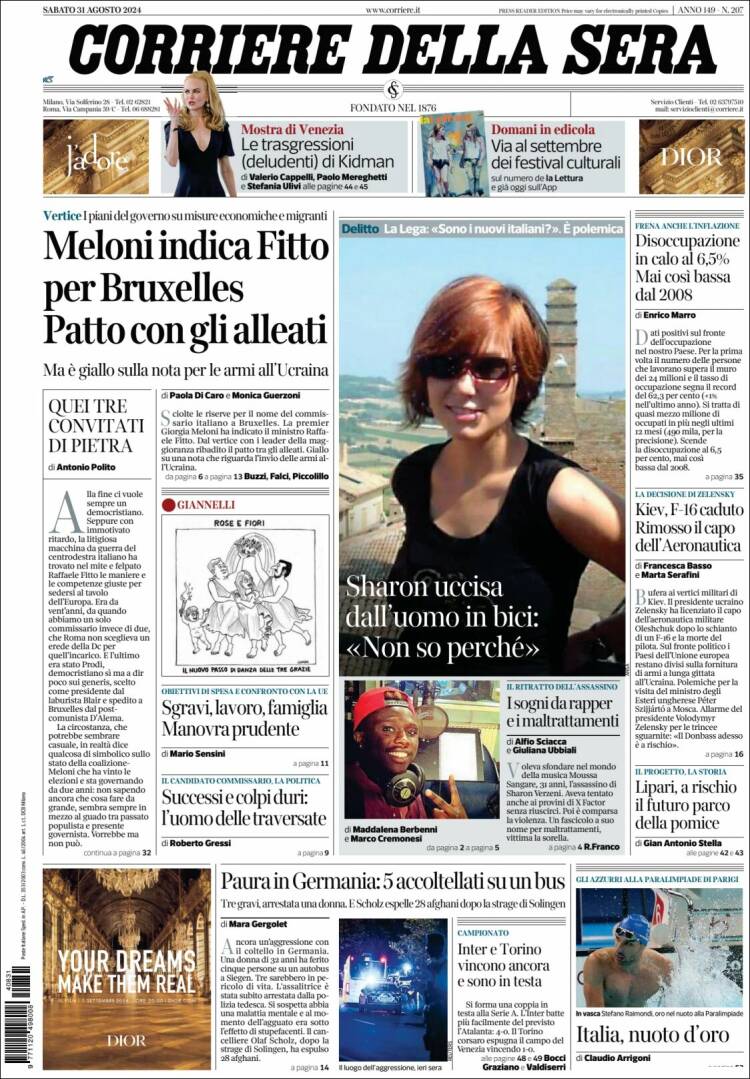 Portada de Corriere della Sera (Italia)