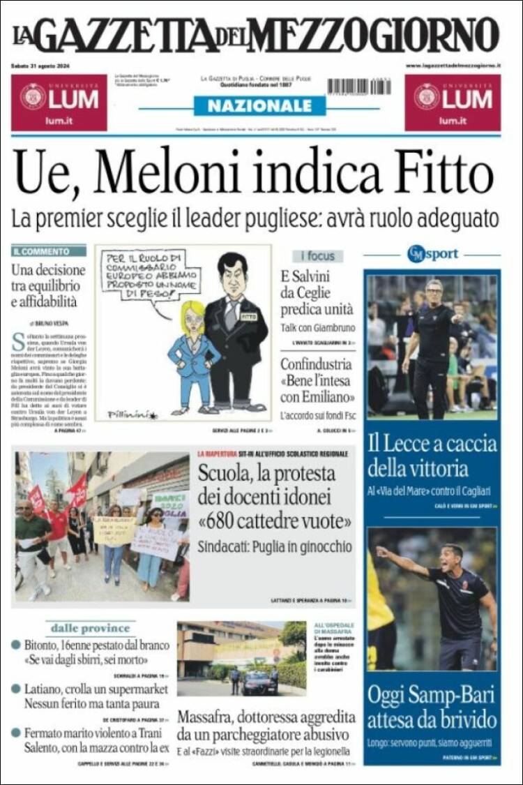 Portada de La Gazzetta del Mezzogiorno (Italia)