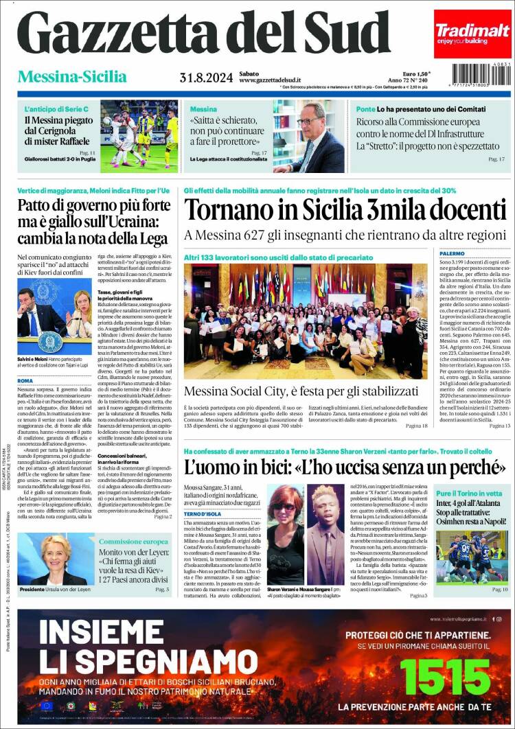 Portada de Gazzetta del Sud (Italia)