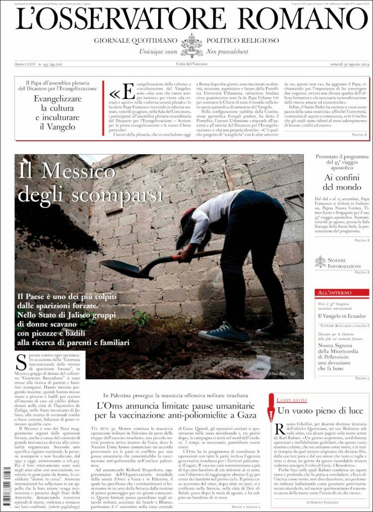 Portada de L'Osservatore Romano (Italia)