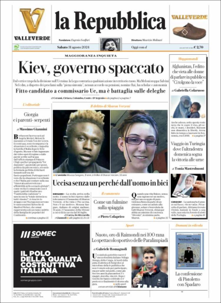 Portada de La Repubblica (Italia)