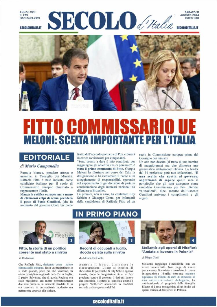 Portada de Secolo d'Italia (Italia)