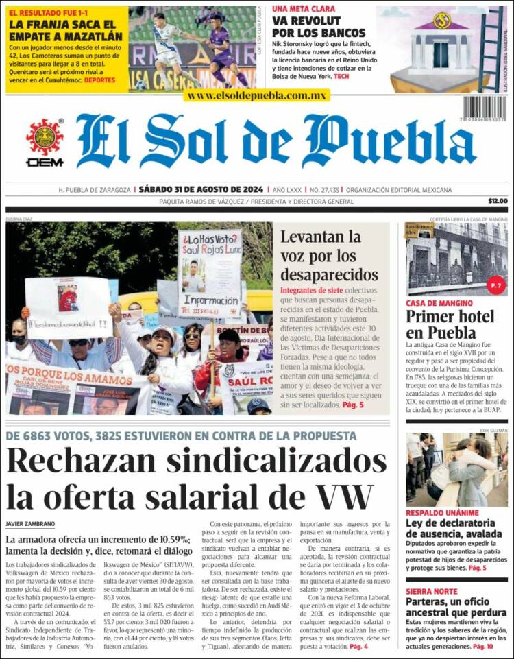 Portada de El Sol de Puebla (M&eacute;xico)