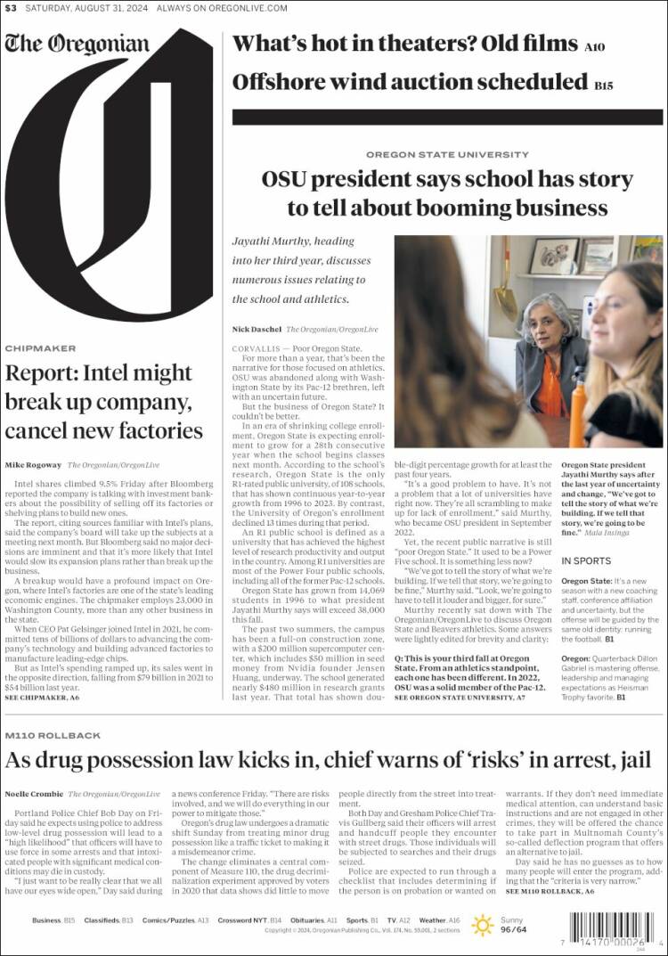 Portada de The Oregonian (USA)