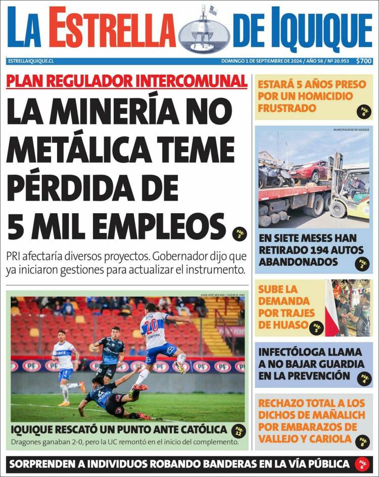 Portada de La Estrella de Iquique (Chile)