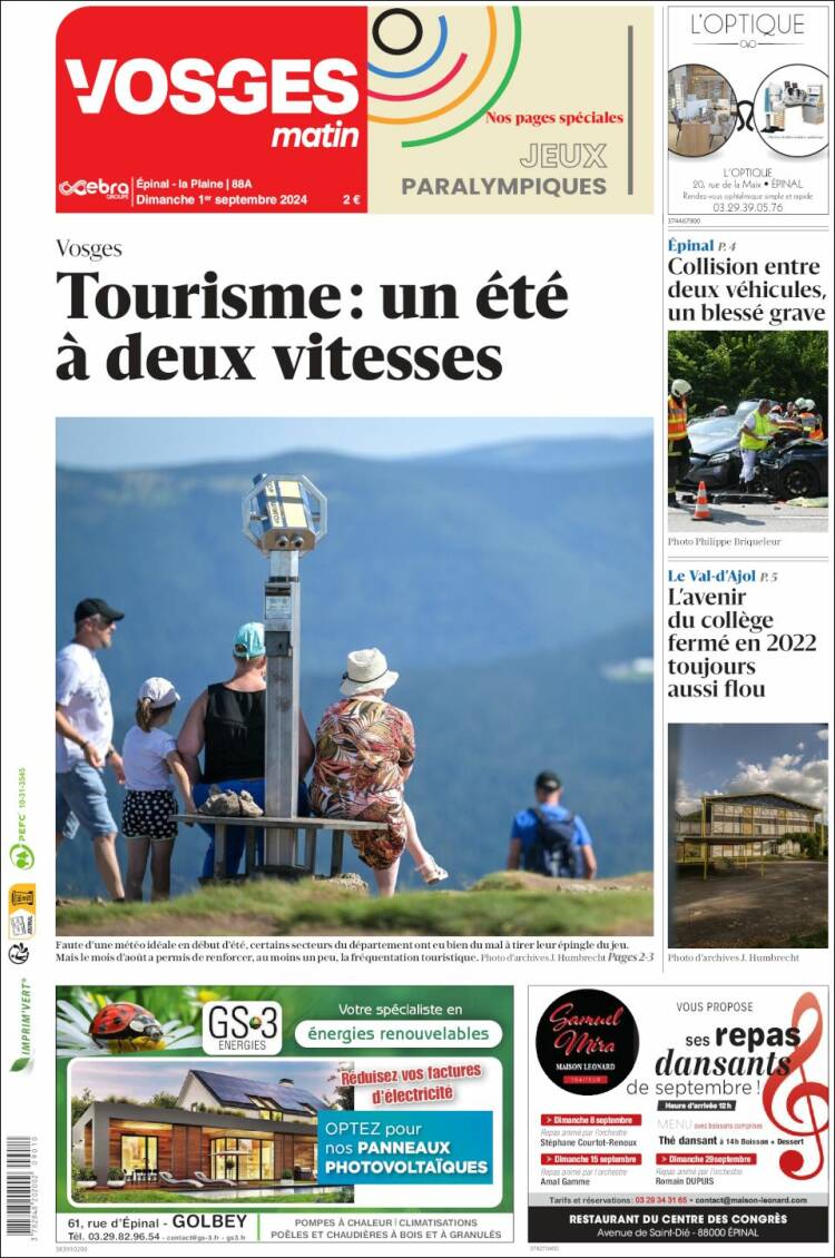 Portada de Vosges Matin (Francia)