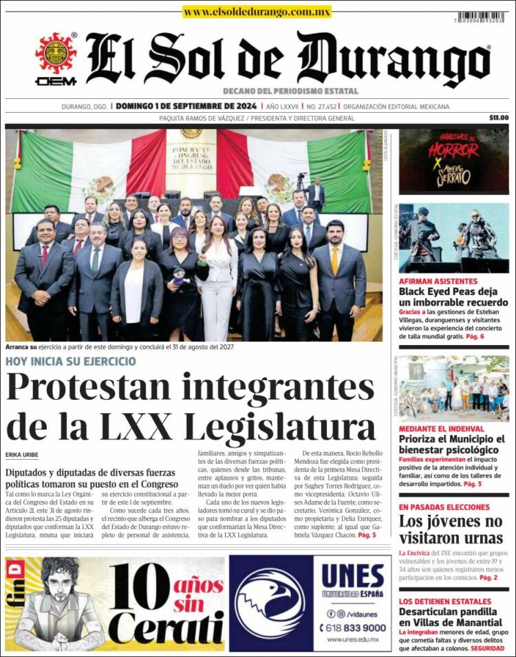 Portada de El Sol de Durango (México)