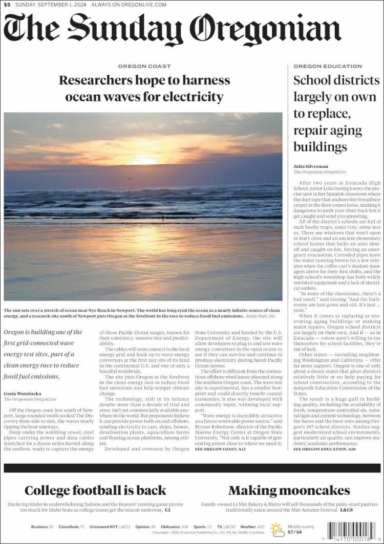 Portada de The Oregonian (USA)