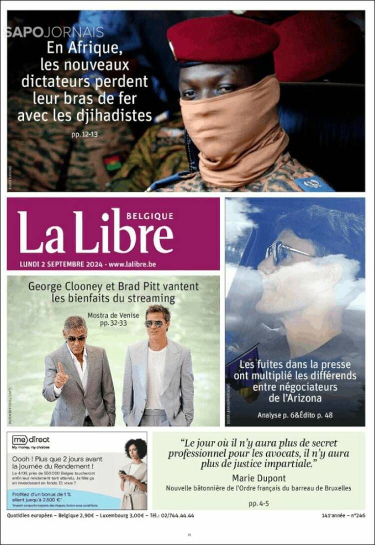 Portada de La Libre.be (B&eacute;lgica)