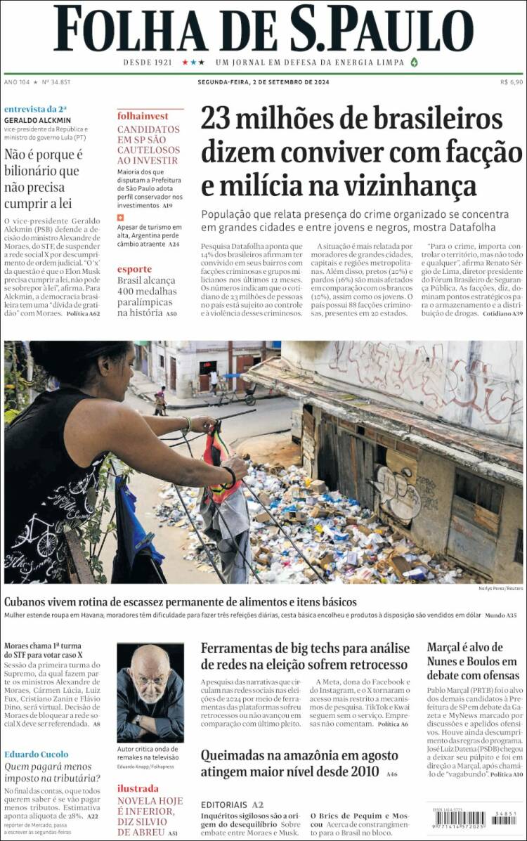 Portada de Folha de São Paulo (Brasil)