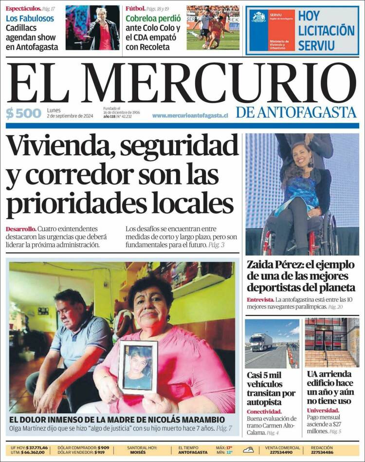 Portada de El Mercurio de Antofagasta (Chile)
