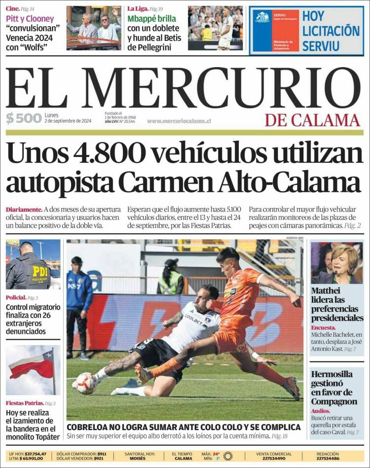 Portada de El Mercurio - Calama (Chile)